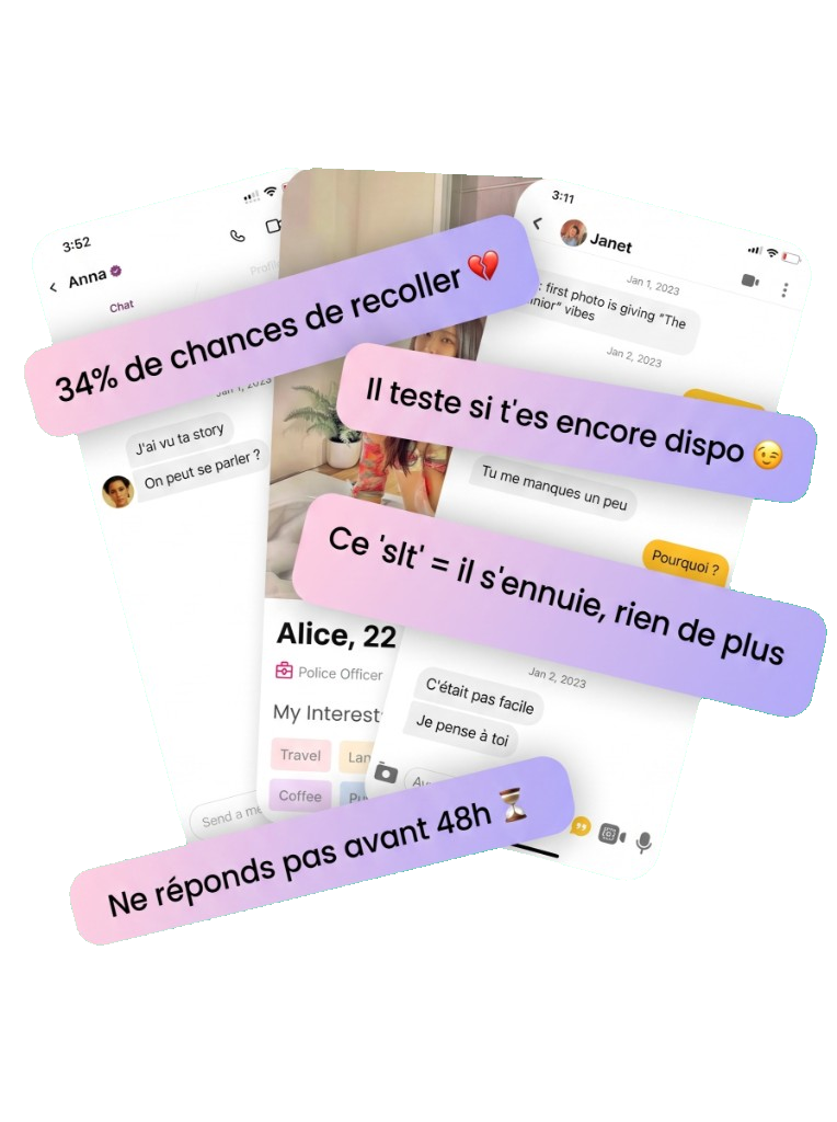 Mockups de conversations avec verdicts ExBack : chances de reconquête, décodage de messages et conseils de timing